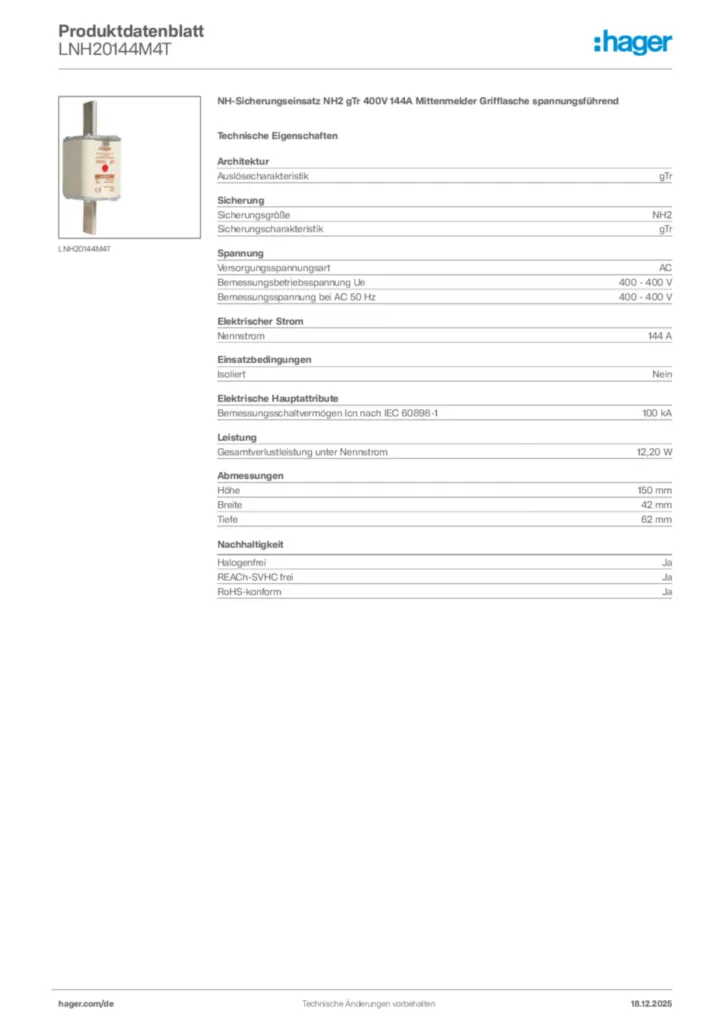 Bild Hager Produktdatenblatt LNH20144M4T | Hager Deutschland