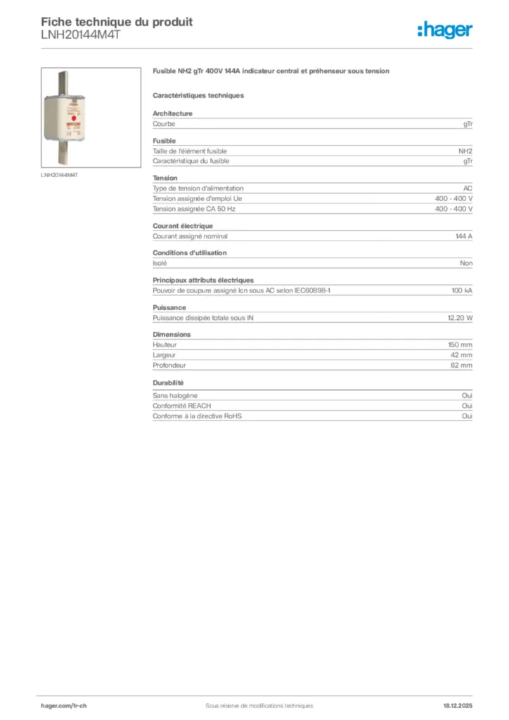 Image Hager Fiche technique du produit LNH20144M4T | Hager Suisse