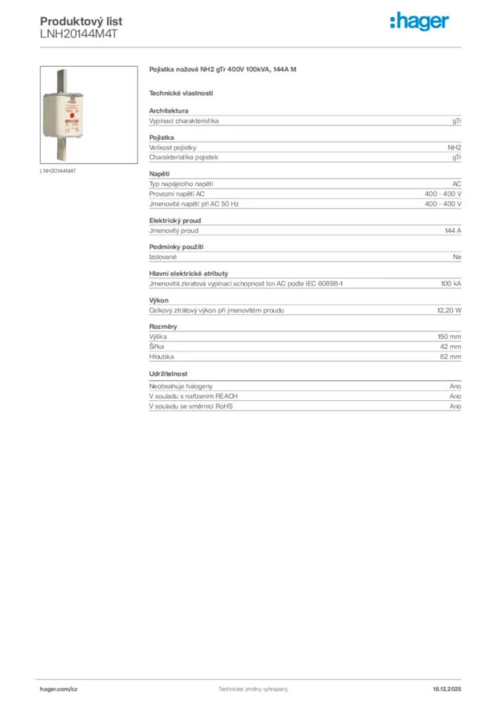 Obrázek Hager Produktový list LNH20144M4T | Hager