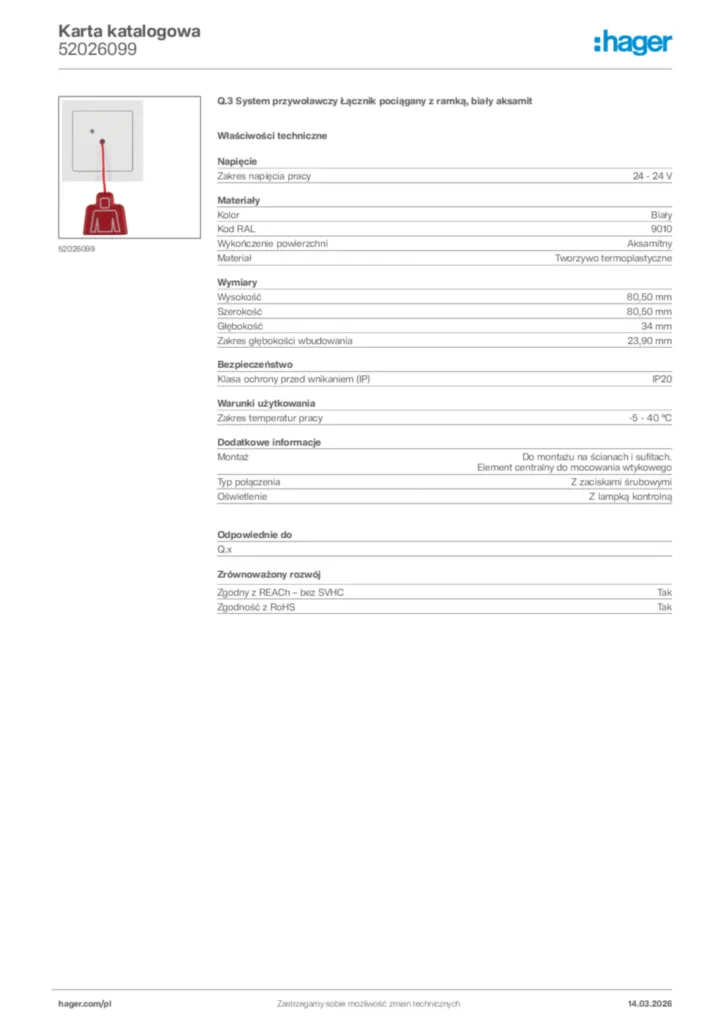 Zdjęcie Hager Karta katalogowa 52026099 | Hager Polska