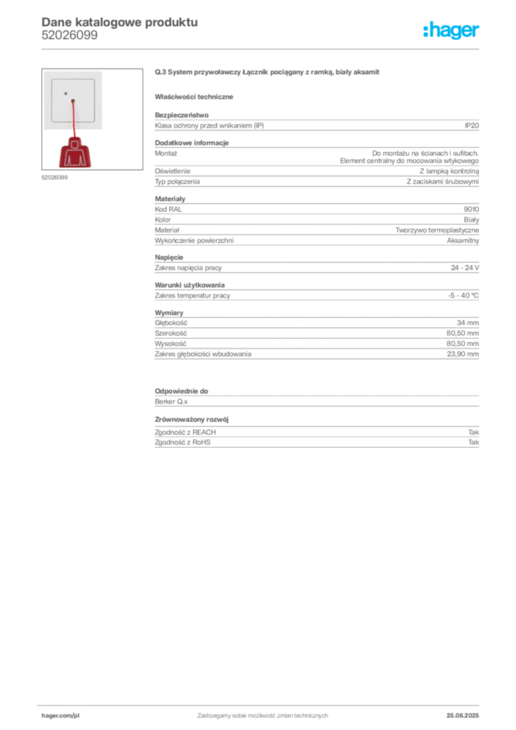 Zdjęcie Hager Karta katalogowa 52026099 | Hager Polska