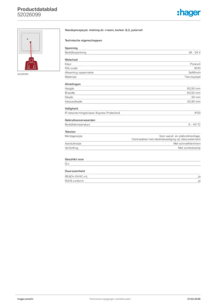 Afbeelding Hager Productdatablad 52026099 | Hager Nederland