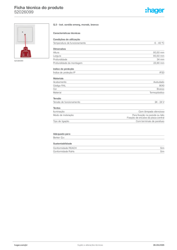 Imagem Hager Ficha técnica do produto 52026099 | Hager Portugal