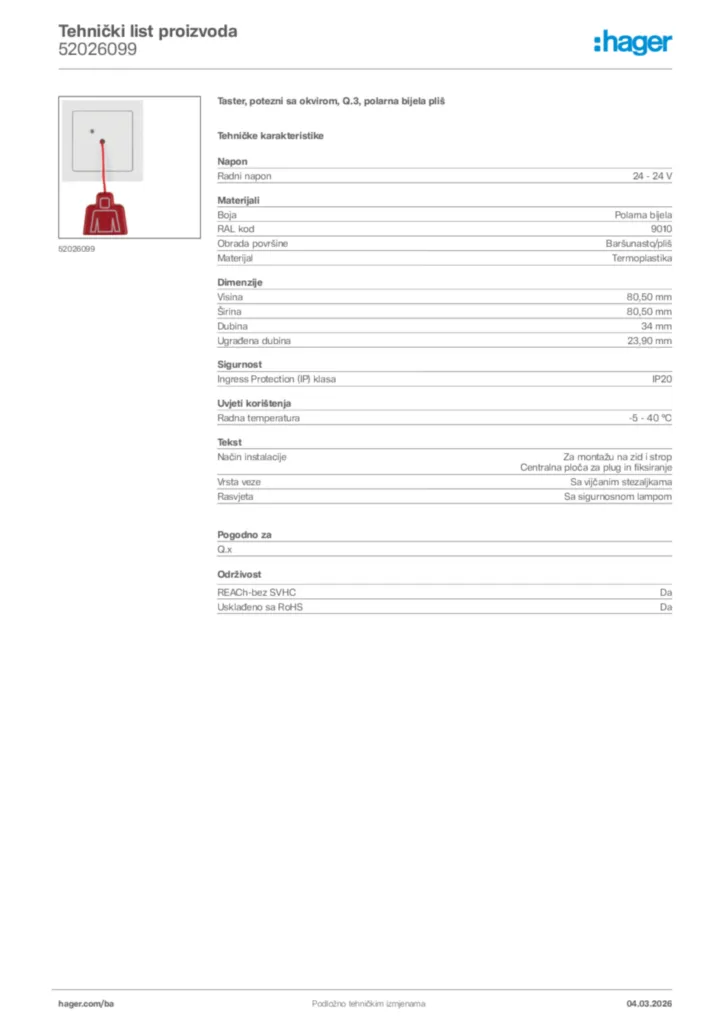 Slika Hager Tehnički list proizvoda 52026099  | Hager