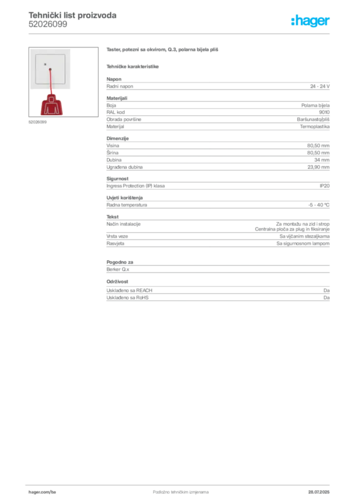 Slika Hager Product data sheet 52026099  | Hager