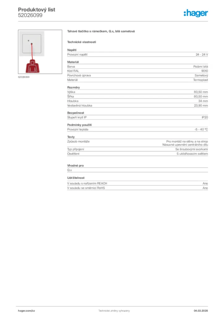 Obrázek Hager Product data sheet 52026099 | Hager