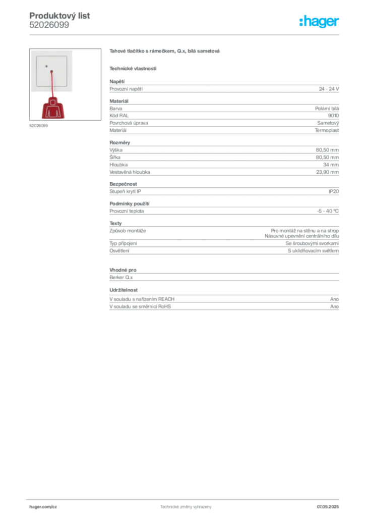 Obrázek Hager Produktový list 52026099 | Hager