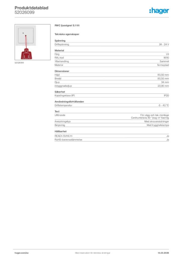 Bild Hager Produktdatablad 52026099 | Hager Sverige