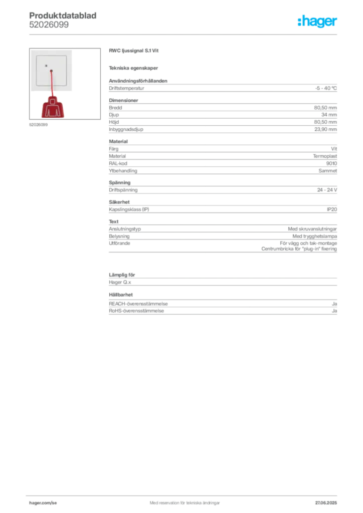 Bild Hager Produktdatablad 52026099 | Hager Sverige