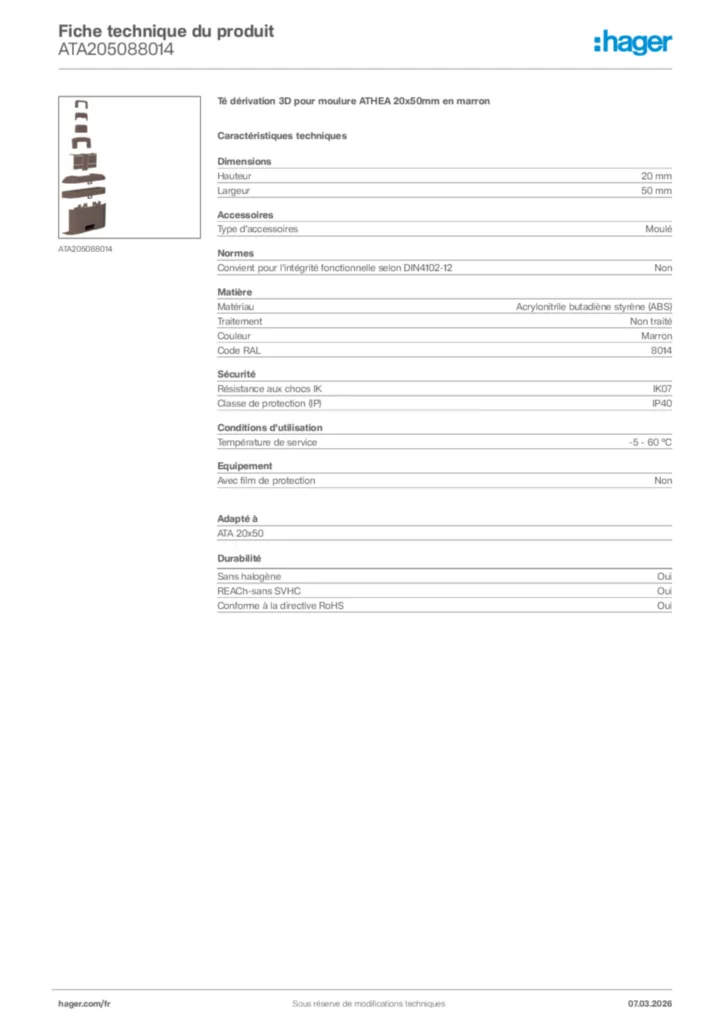 Image Hager Fiche technique du produit ATA205088014 | Hager France