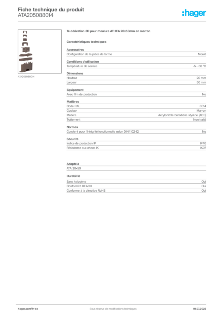 Image Hager Fiche technique du produit ATA205088014 | Hager Belgique