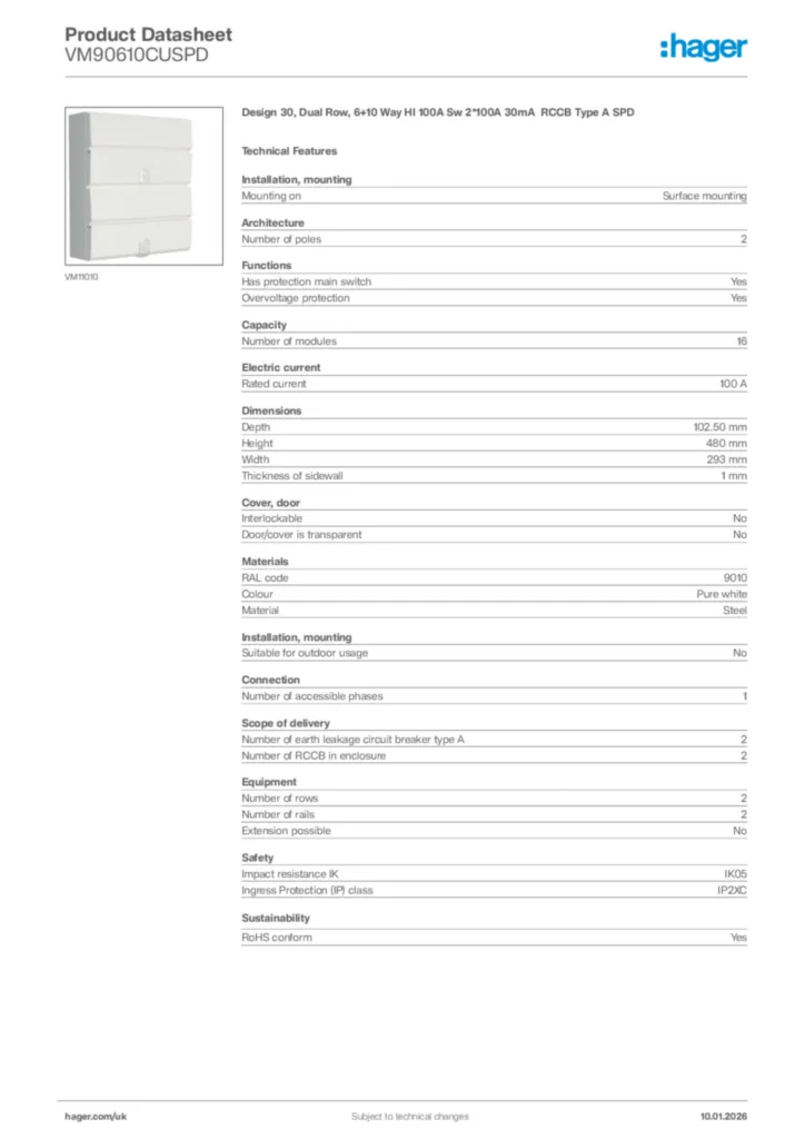 Image Hager Product data sheet VM90610CUSPD  | Hager