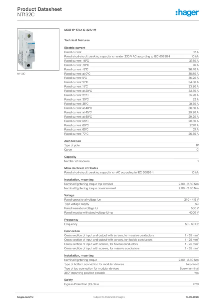 Image Hager Product data sheet NT132C  | Hager New Zealand