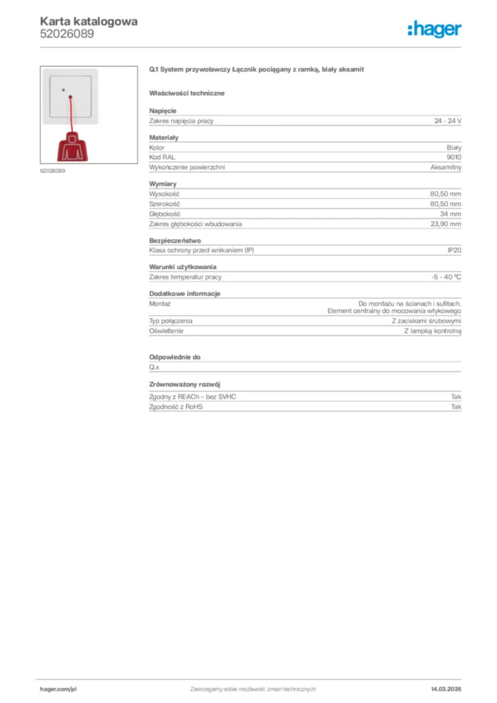 Zdjęcie Hager Karta katalogowa 52026089 | Hager Polska