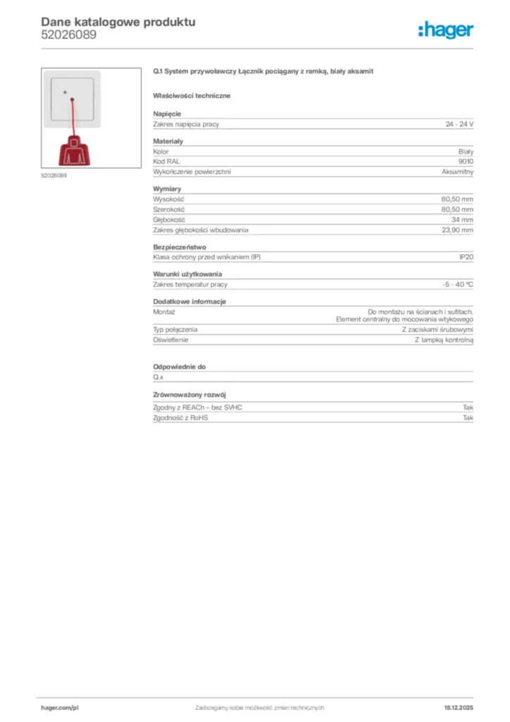 Zdjęcie Hager Karta katalogowa 52026089 | Hager Polska