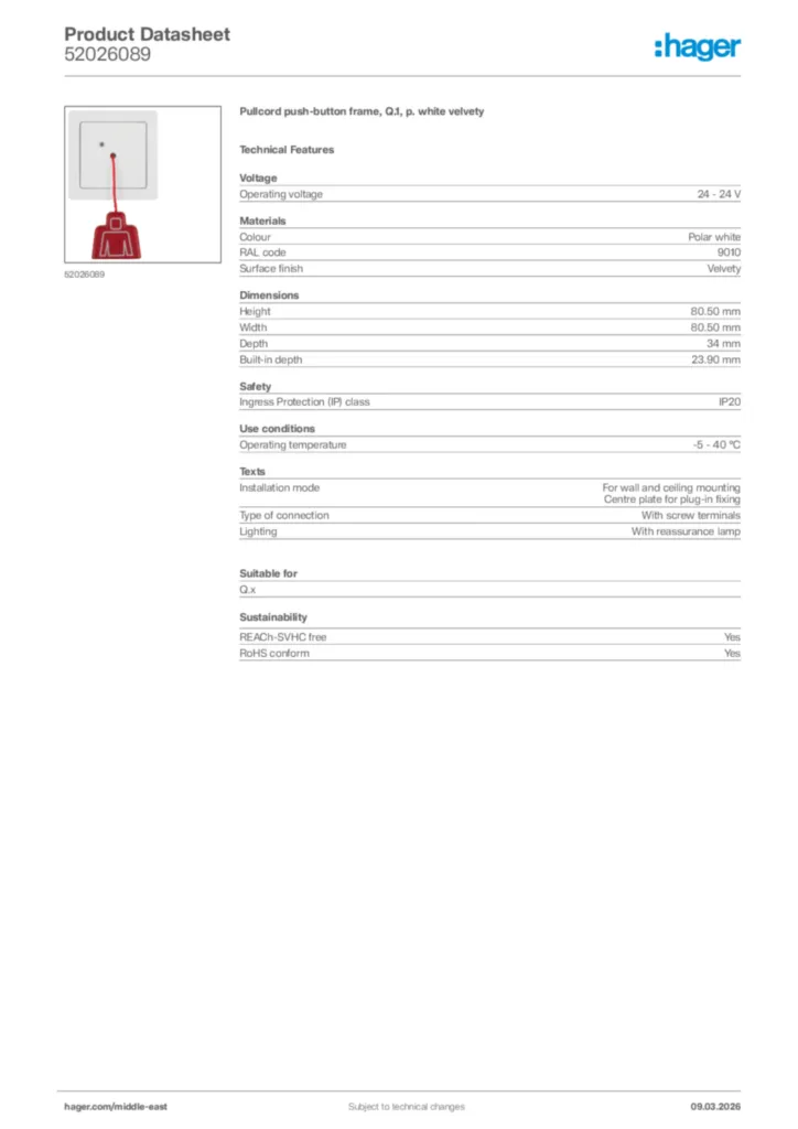 Image Hager Product data sheet 52026089  | Hager