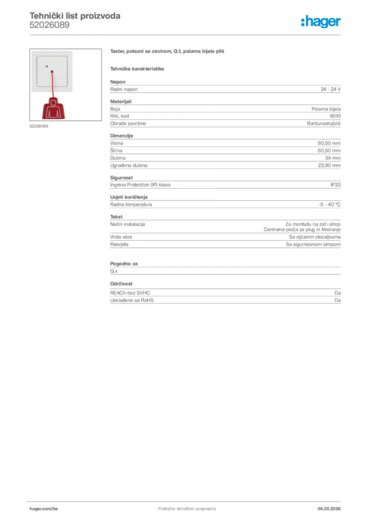 Slika Hager Tehnički list proizvoda 52026089  | Hager
