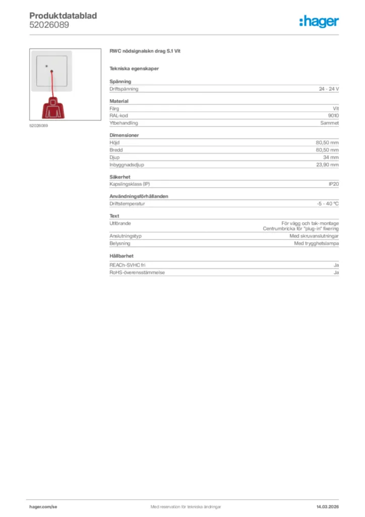 Bild Hager Produktdatablad 52026089 | Hager Sverige