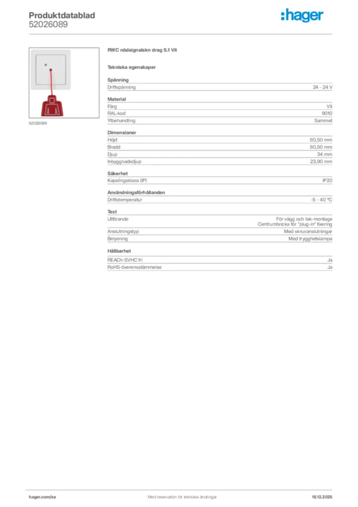 Bild Hager Produktdatablad 52026089 | Hager Sverige