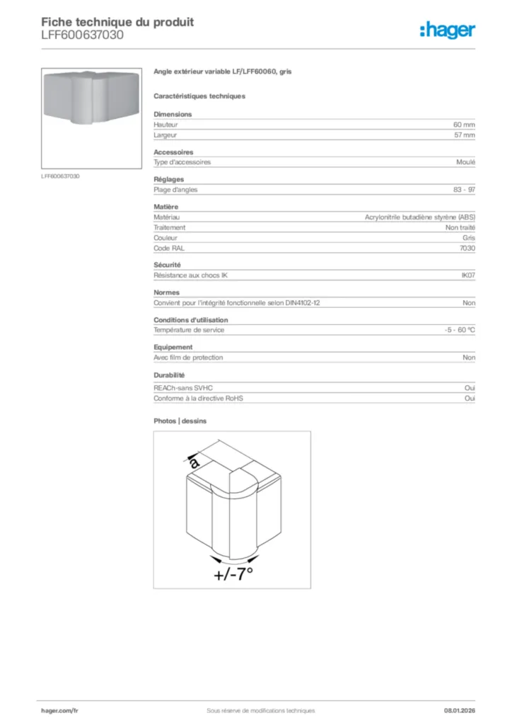 Image Hager Fiche technique du produit LFF600637030 | Hager France