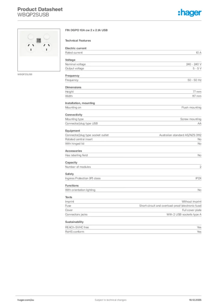 Image Hager Product data sheet WBQP2SUSB  | Hager Australia