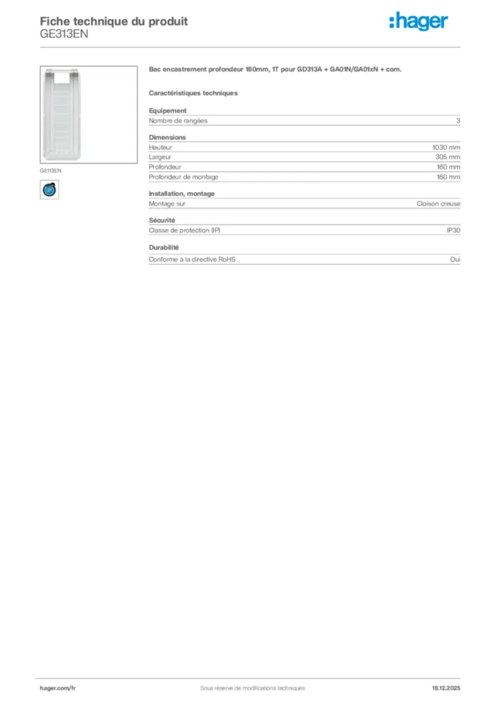 Image Hager Fiche technique du produit GE313EN | Hager France