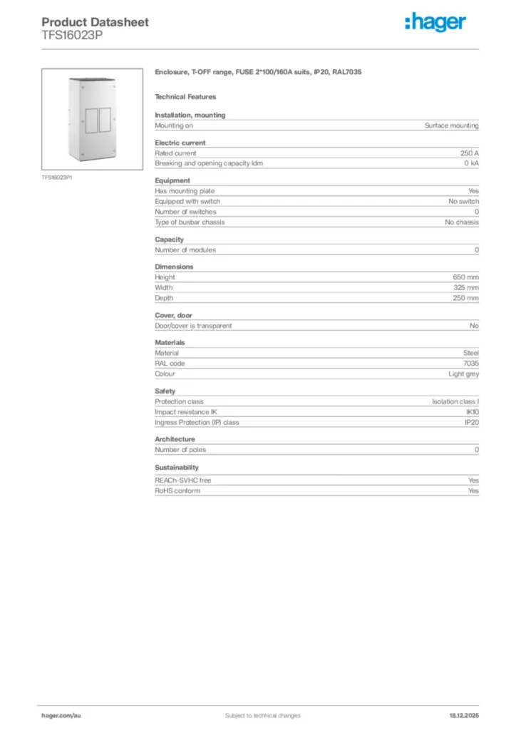 Image Hager Product data sheet TFS16023P  | Hager Australia