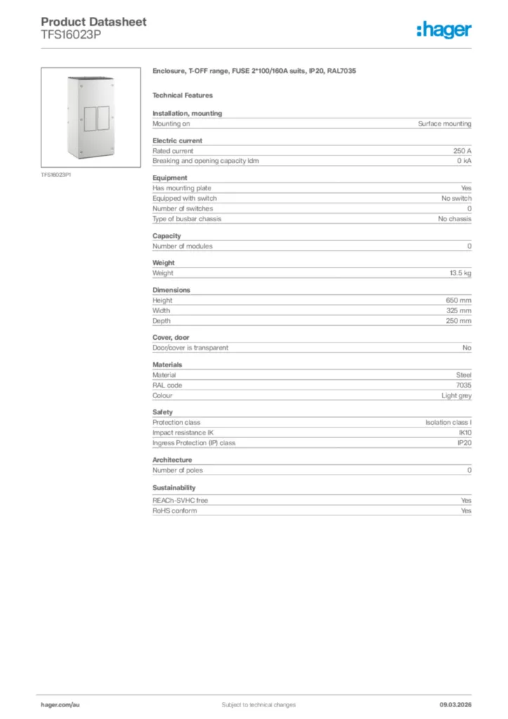 Image Hager Product data sheet TFS16023P  | Hager Australia