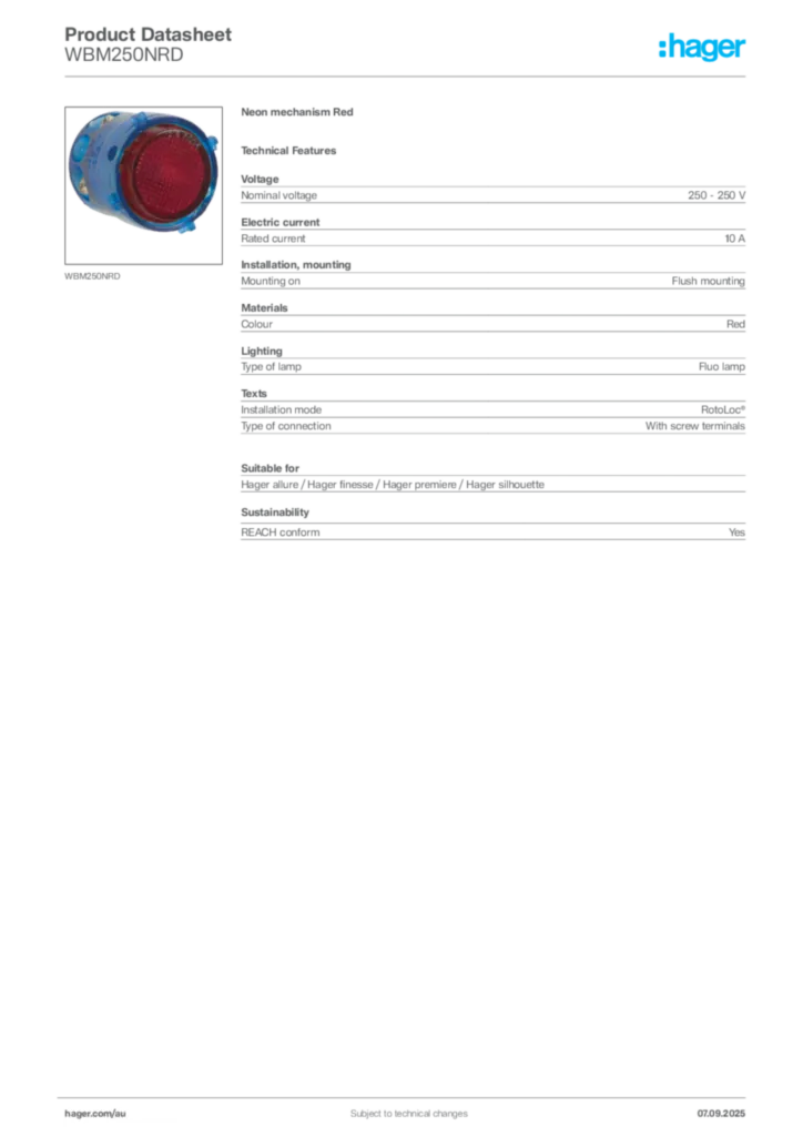 Image Hager Product data sheet WBM250NRD  | Hager Australia