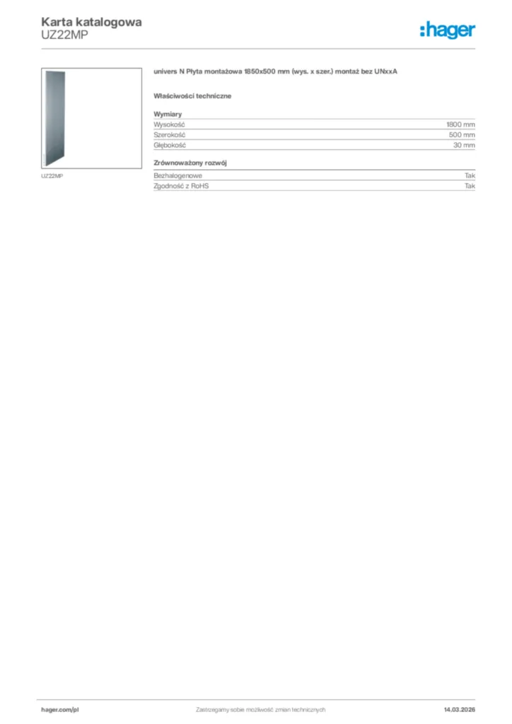 Zdjęcie Hager Karta katalogowa UZ22MP | Hager Polska