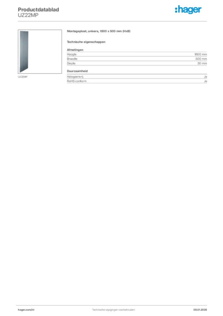 Afbeelding Hager Productdatablad UZ22MP | Hager Nederland