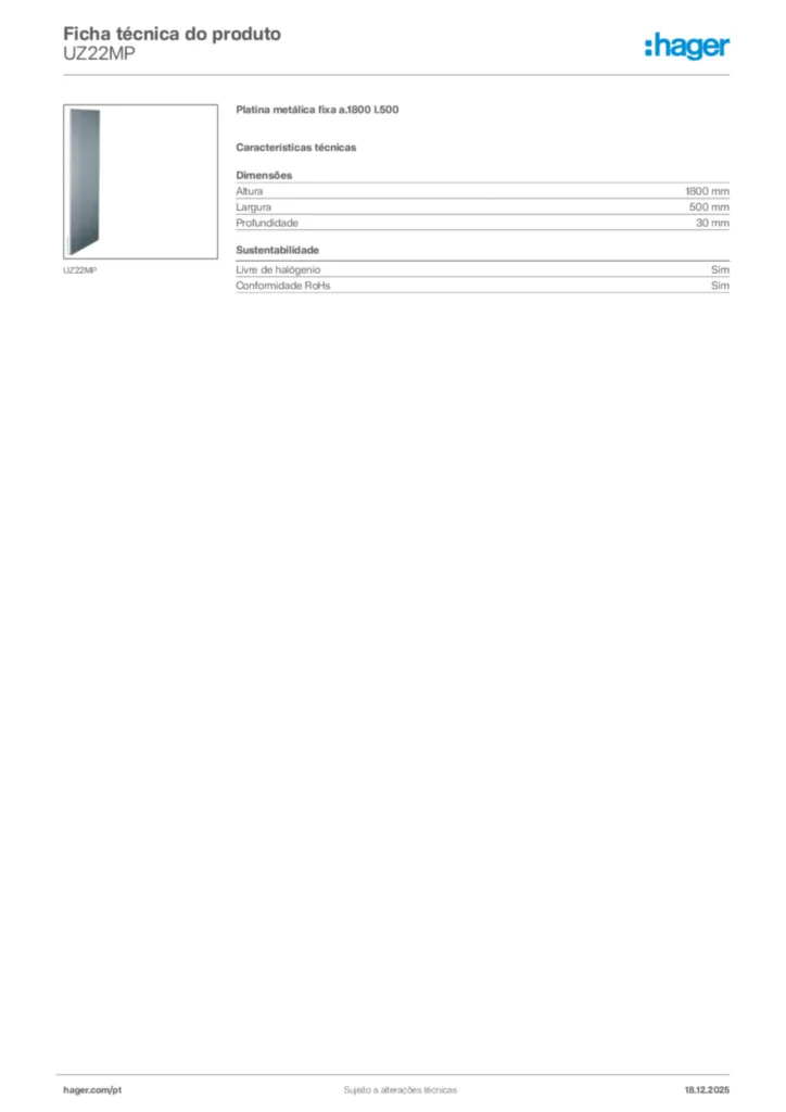 Imagem Hager Ficha técnica do produto UZ22MP | Hager Portugal