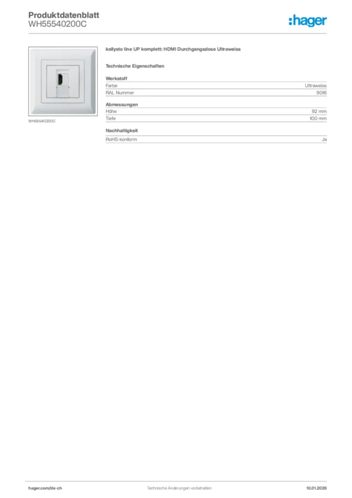 Bild Hager Produktdatenblatt WH55540200C | Hager Schweiz