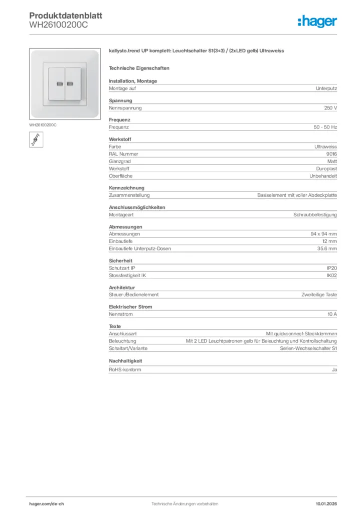 Bild Hager Produktdatenblatt WH26100200C | Hager Schweiz