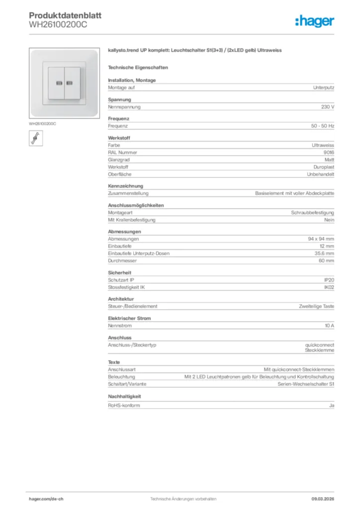 Bild Hager Produktdatenblatt WH26100200C | Hager Schweiz