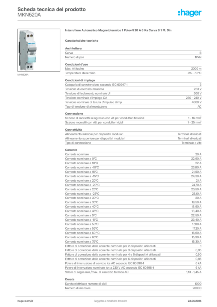 Immagine Hager Scheda tecnica del prodotto MKN520A | Hager Italia