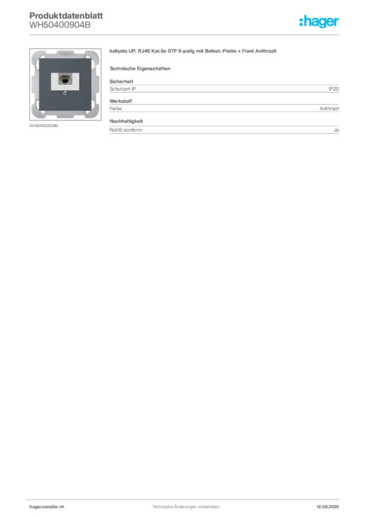 Bild Hager Produktdatenblatt WH50400904B | Hager Schweiz