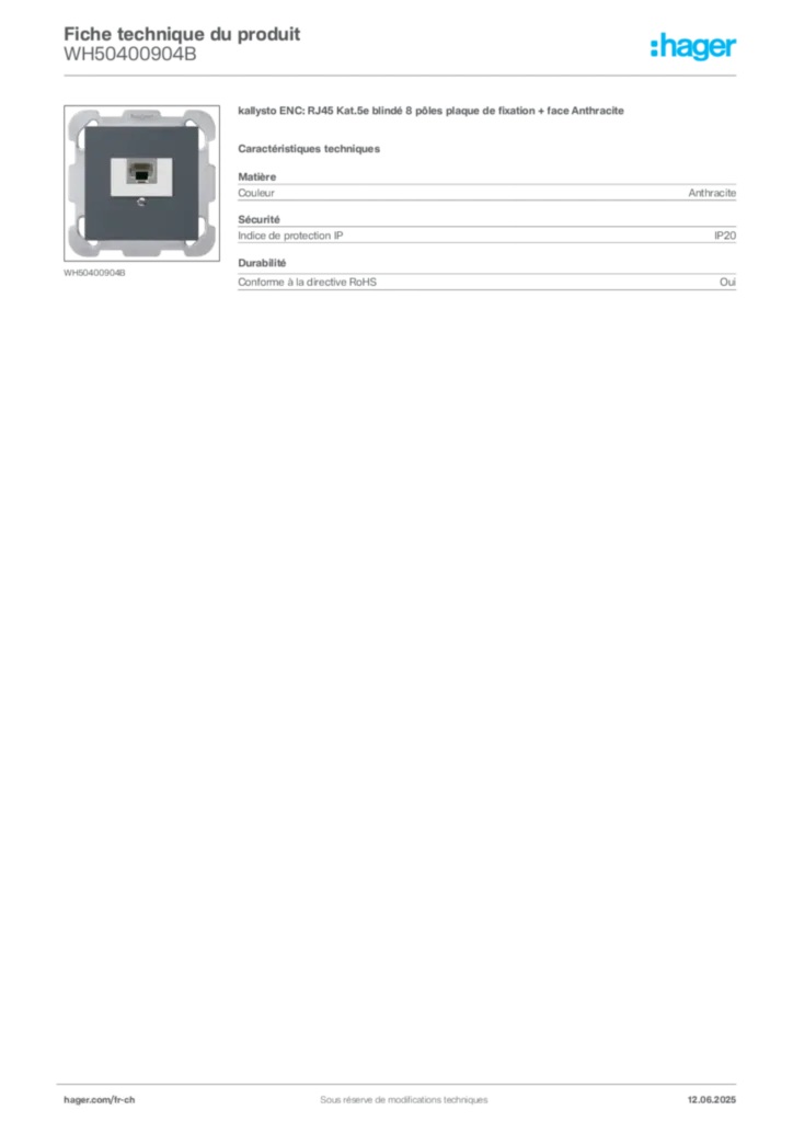 Image Hager Fiche technique du produit WH50400904B | Hager Suisse