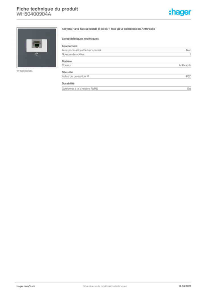 Image Hager Fiche technique du produit WH50400904A | Hager Suisse