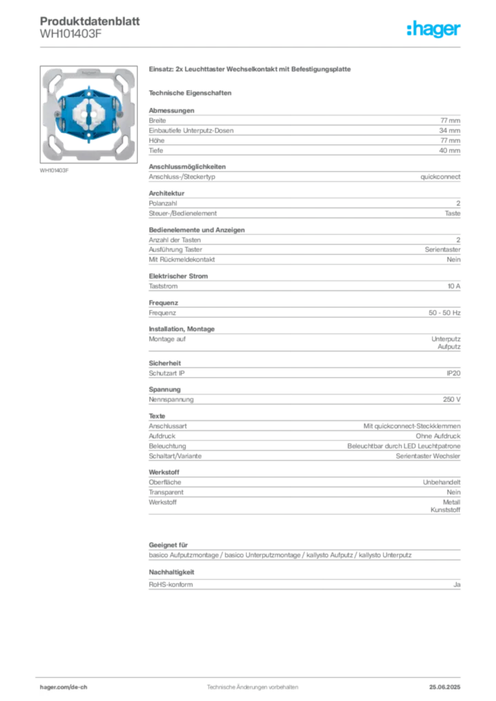 Bild Hager Produktdatenblatt WH101403F | Hager Schweiz