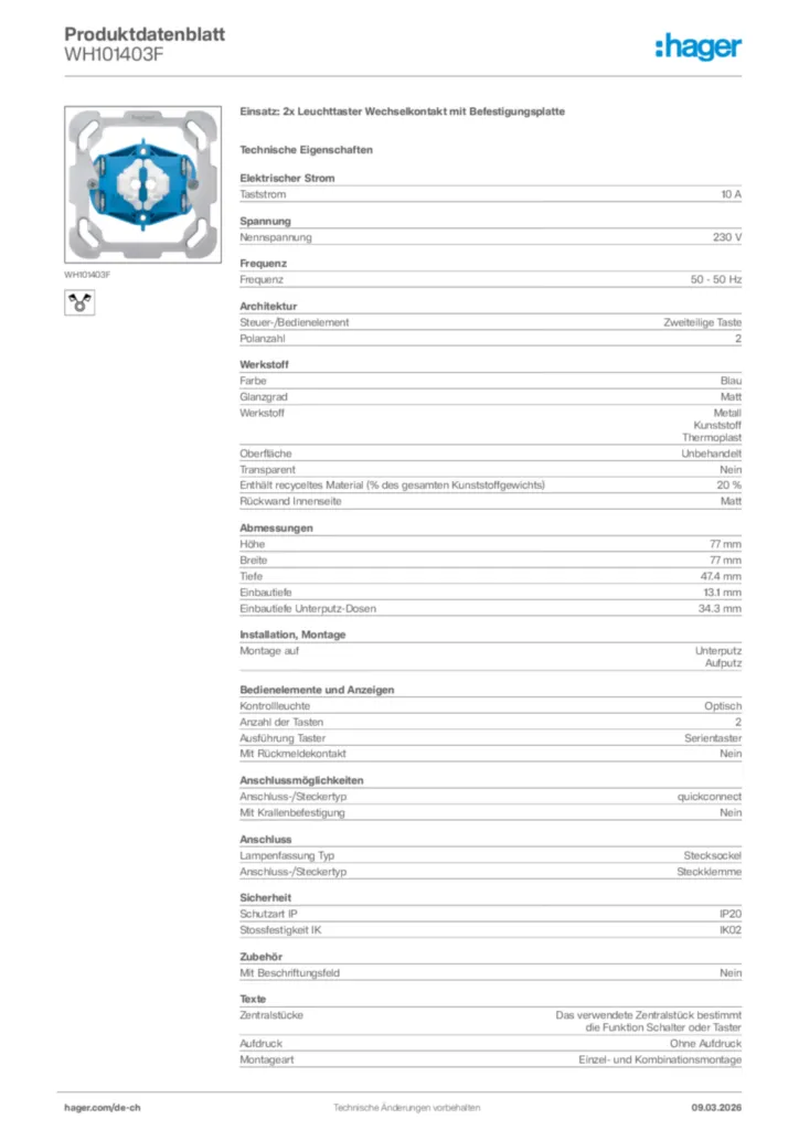 Bild Hager Produktdatenblatt WH101403F | Hager Schweiz