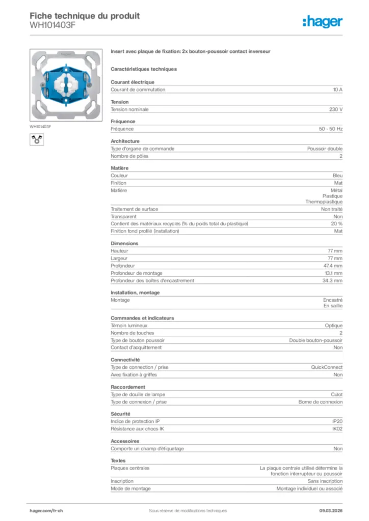 Image Hager Fiche technique du produit WH101403F | Hager Suisse