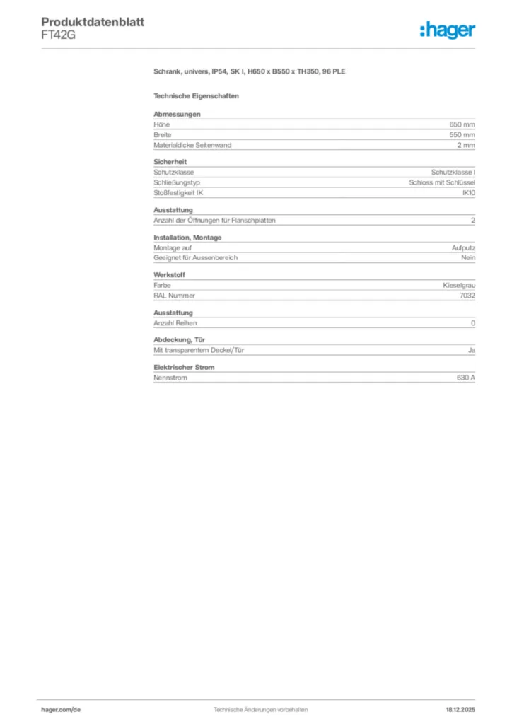 Bild Hager Produktdatenblatt FT42G | Hager Deutschland