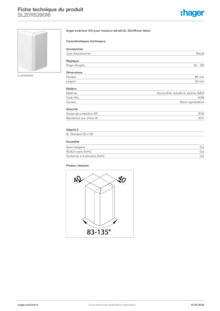Image Hager Fiche technique du produit SL2011539016 | Hager Afrique