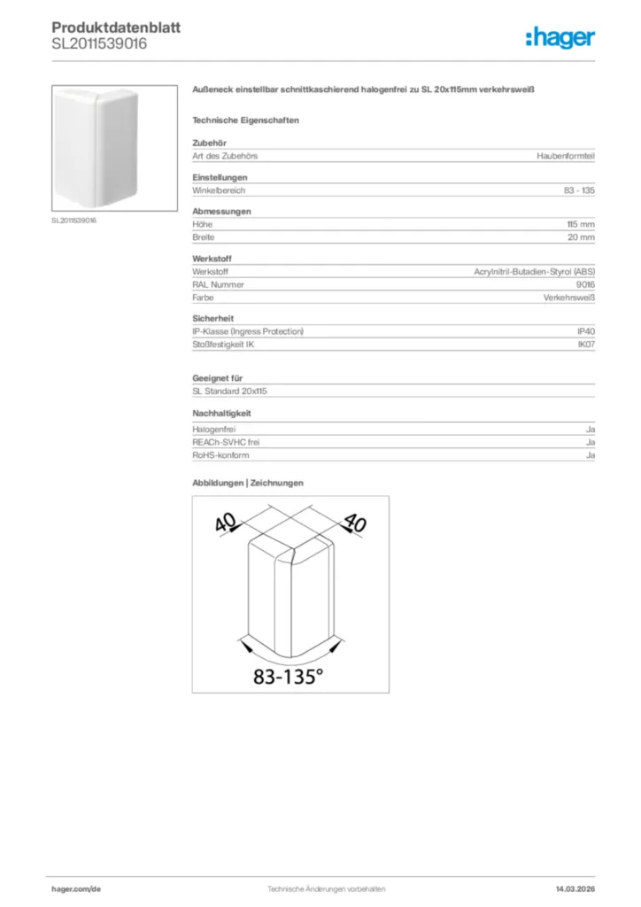 Bild Hager Produktdatenblatt SL2011539016 | Hager Deutschland