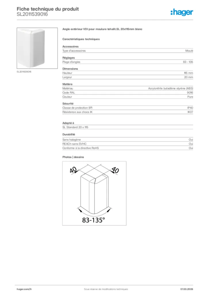 Image Hager Fiche technique du produit SL2011539016 | Hager France