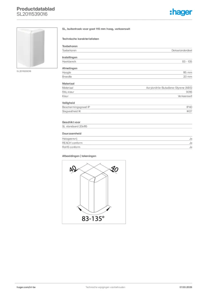 Afbeelding Hager Productdatablad SL2011539016 | Hager Belgium