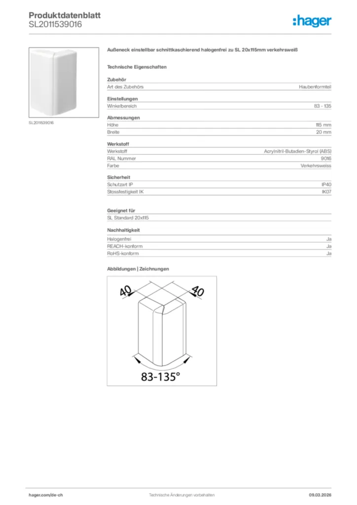 Bild Hager Produktdatenblatt SL2011539016 | Hager Schweiz