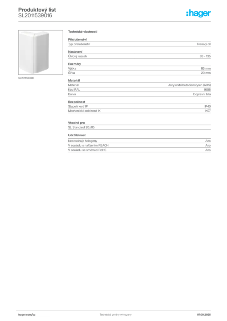 Obrázek Hager Produktový list SL2011539016 | Hager