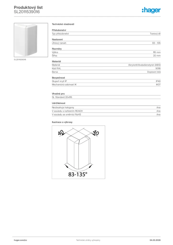 Obrázek Hager Product data sheet SL2011539016 | Hager